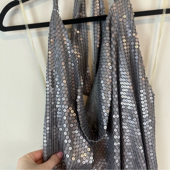BCBG Maxazria | Silver Sequin Halter Neck Low Back Mini Dress Size Medium NWT - Picture 2 of 5